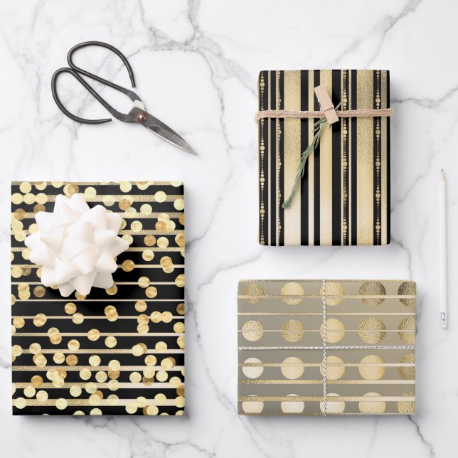 Goldschwarze Konfetti-Streifen elegantes formales  Geschenkpapier Set (Vorderseite)