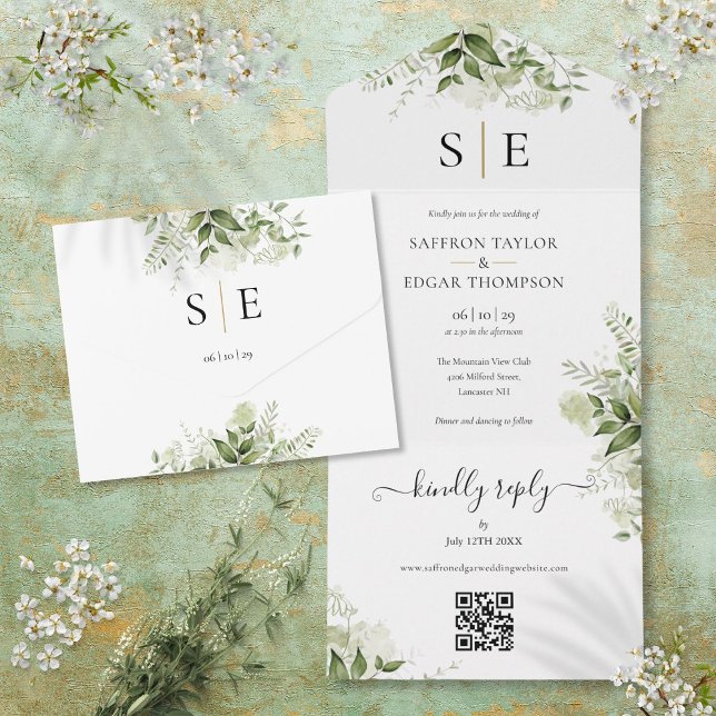 Goldschwarze Monogram QR Code Grüne Hochzeit All In One Einladung (Gold Black Monogram QR Code Greenery Wedding All In One Invitation)