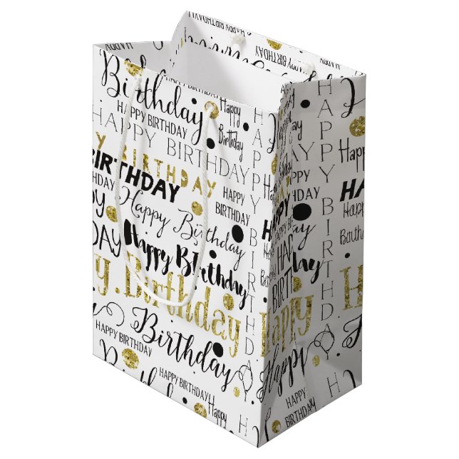 Goldschwarzer alles Gute zum GeburtstagConfetti Mittlere Geschenktüte (Vorderseite Schrägansicht)