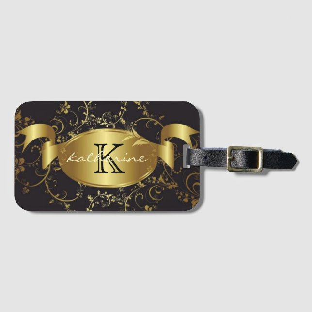 Goldschwarzer Blumenmonogramm-Name personalisiert Gepäckanhänger (Vorderseite (Horizontal))