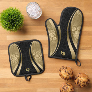 Goldschwarzer Damaskus-Dynamische Linien Ofenhandschuh & Topflappen-Set
