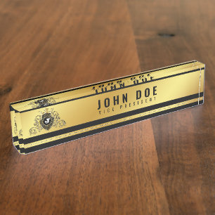 Goldschwarzer Schreibtisch mit Monogramm Namensplakette