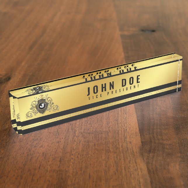 Goldschwarzer Schreibtisch mit Monogramm Namensplakette (Seite)