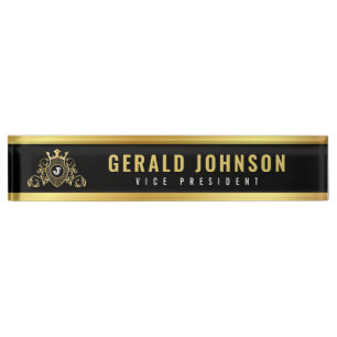 Goldschwarzer Schreibtisch mit Monogramm Namensplakette