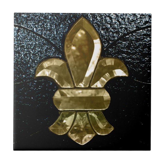Goldschwarzes Lilien-Flor New Orleans Fliese (Vorderseite)