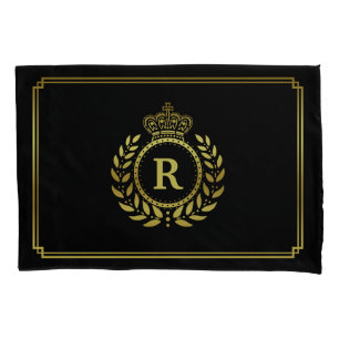 Goldschwarzes Lorbeer-Kranz-Kronen-Monogramm Kissenbezug