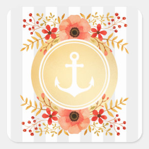 Goldseeanker-Aquarell-mit Blumengestreiftes Quadratischer Aufkleber