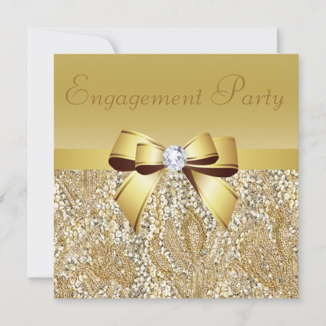 GoldSequins, Bogen u. Diamant-Verlobungs-Party Einladung (Vorderseite)