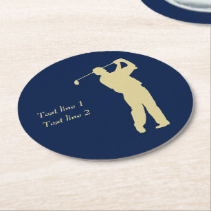 GoldSilhouette-Golfspieler auf Blau Runder Pappuntersetzer