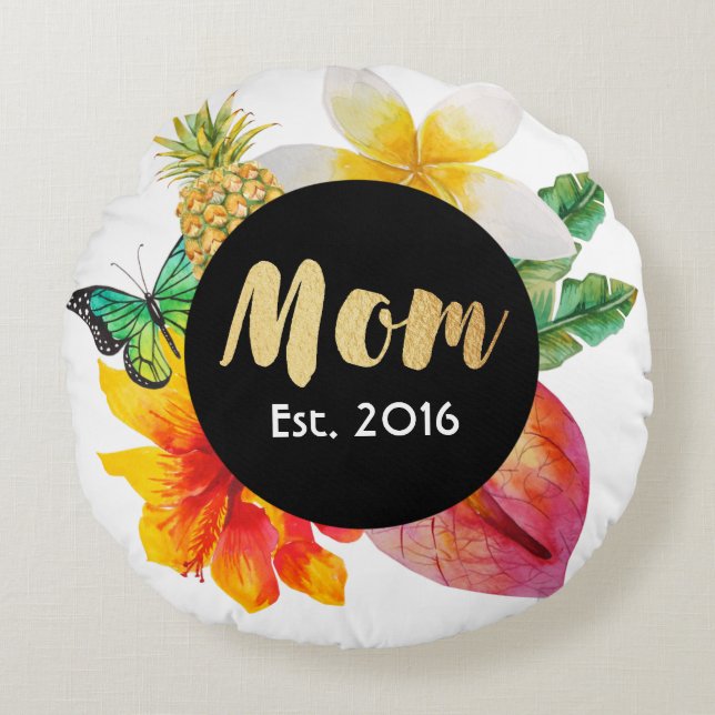 Goldskript-Mama-tropisches Blumen Rundes Kissen (Vorderseite)