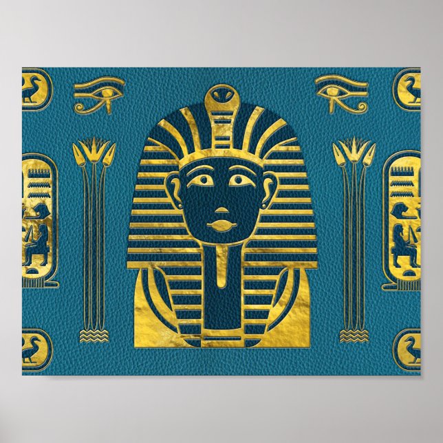 Goldsphinxkopf mit ägyptischen Hieroglyphen auf bl Poster (Vorne)