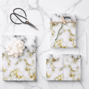 Goldspitzflocken aus schwarzem und weißem Marmor Geschenkpapier Set