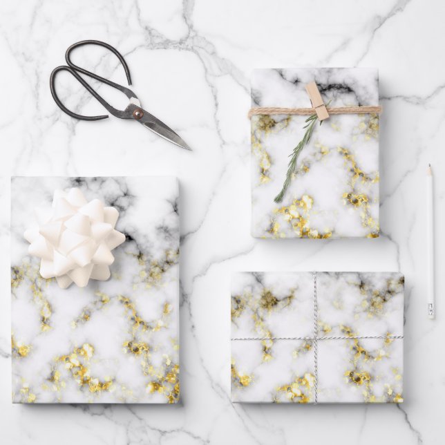Goldspitzflocken aus schwarzem und weißem Marmor Geschenkpapier Set (Vorderseite)