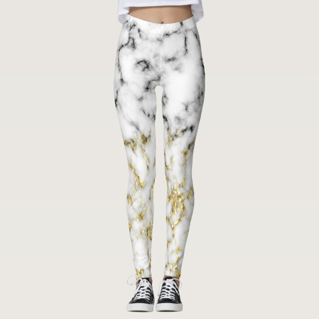 Goldspitzflocken aus schwarzem und weißem Marmor Leggings (Vorderseite)