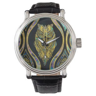 Goldstammes- Eule auf Boho Ohrschnecken-Muster Armbanduhr