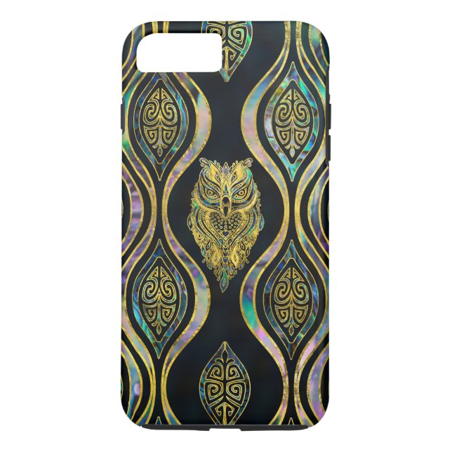 Goldstammes- Eule auf Boho Ohrschnecken-Muster Case-Mate iPhone Hülle (Rückseite)