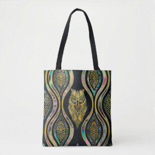 Goldstammes- Eule auf Boho Ohrschnecken-Muster Tasche