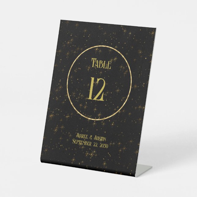 Goldstars auf schwarzem in Gold-Circle-Tabletop Sockelschild (Vorderseite)