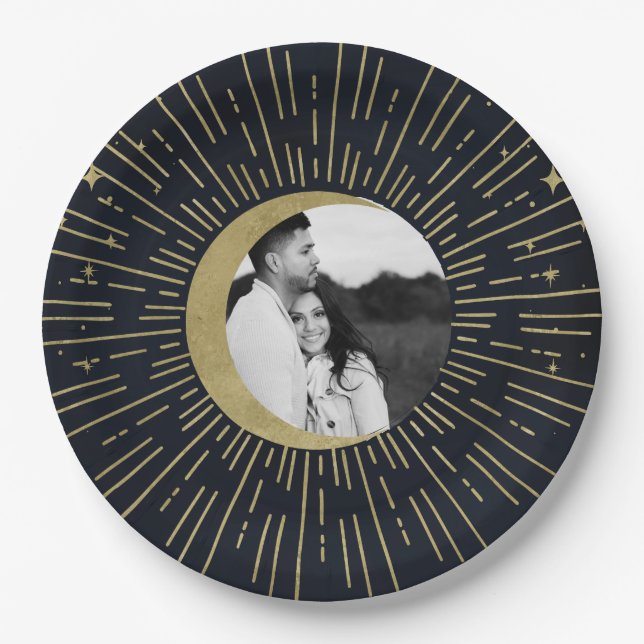 Goldstars Night Celestial Sunburst Moon Hochzeit Pappteller (Vorderseite)