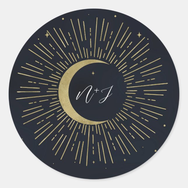 Goldstars Night Celestial Sunburst Moon Hochzeit Runder Aufkleber (Vorderseite)