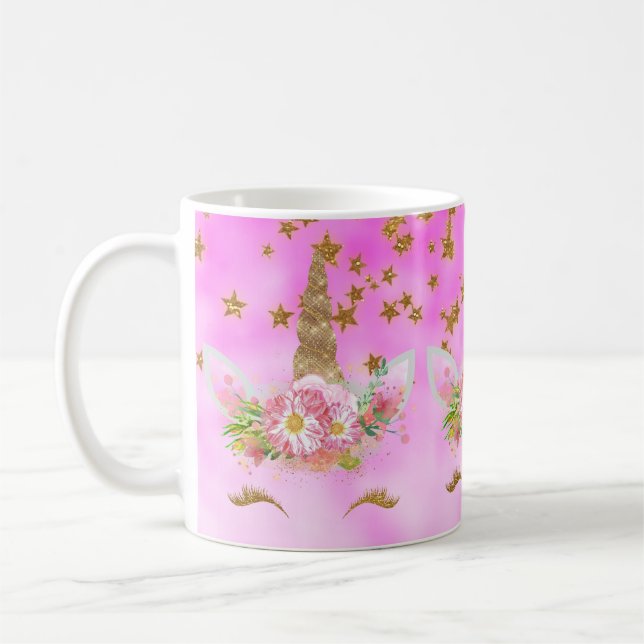 Goldstars und rosa Einhorn Kaffeetasse (Links)