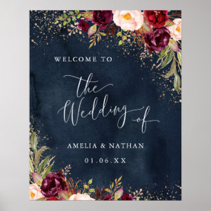 Goldstaub Burgund Navy Blumen Hochzeit Willkommen Poster