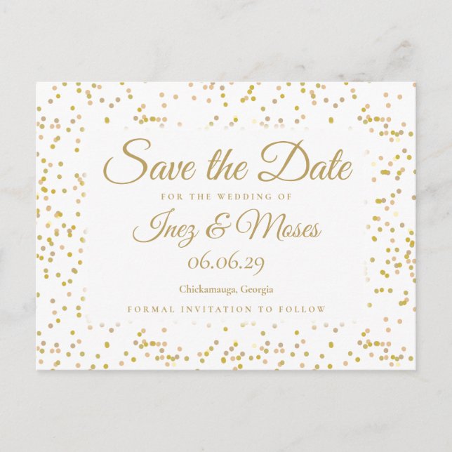 Goldstaub Confetti Save the Date Ankündigungspostkarte (Vorderseite)