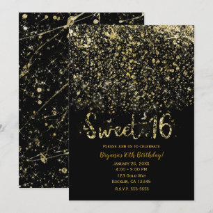 Goldstaub Glitter & Black Sweet 16 Sixteen Party Einladung