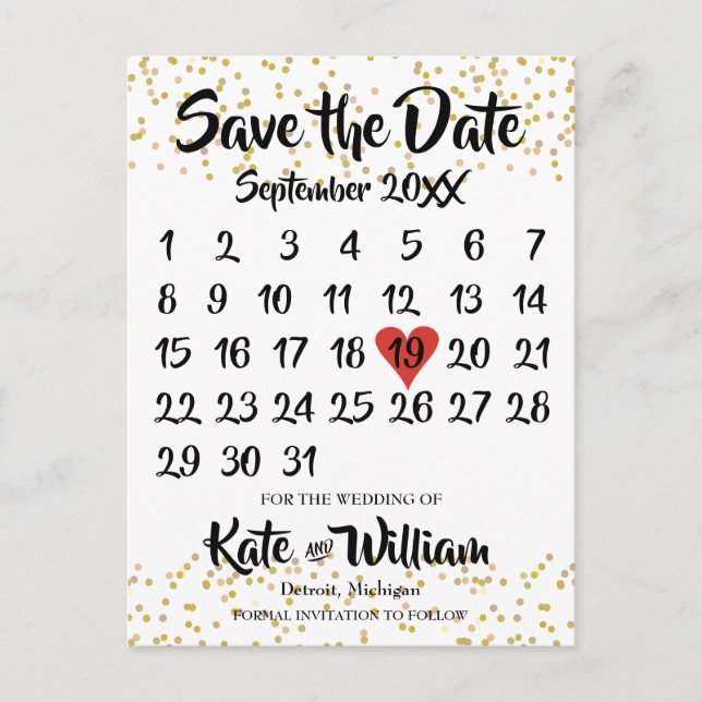 Goldstaub-Liebe - Herzkalender Save the Date Ankündigungspostkarte (Vorderseite)