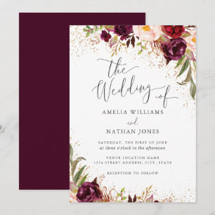Goldstaubburgundy-Hochzeit im Herbst Einladung