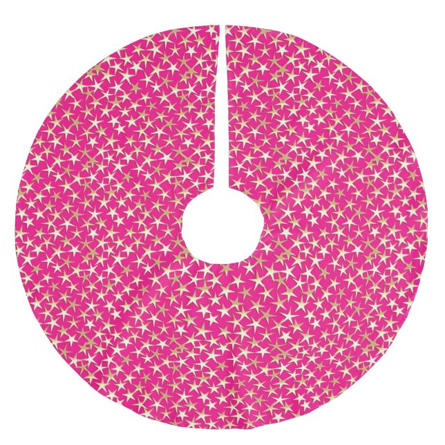 Goldsterne auf Fuchsienrosa Polyester Weihnachtsbaumdecke (Vorderseite)