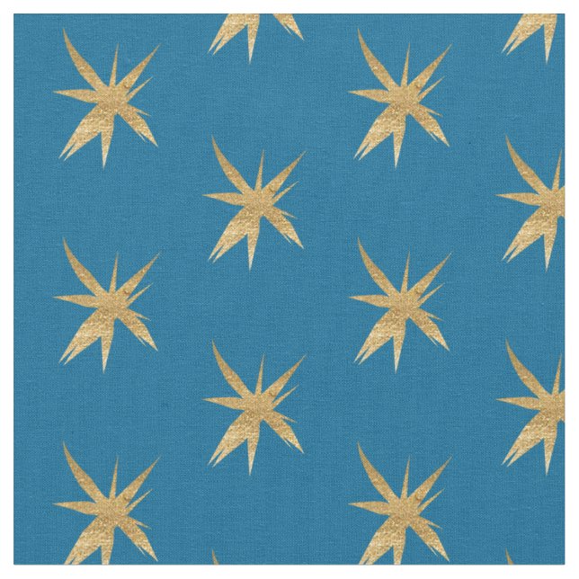 Goldsterne auf mittlerem Blau Stoff (Nahaufnahme)