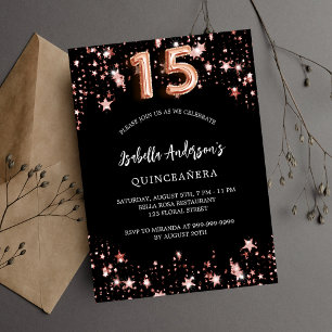 Goldsterne aus Quinceanera, schwarze Rose Einladungspostkarte