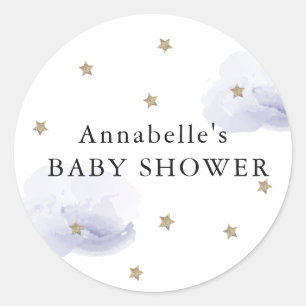 Goldsterne & Fluffige Lavendelwolken Baby Shower Runder Aufkleber