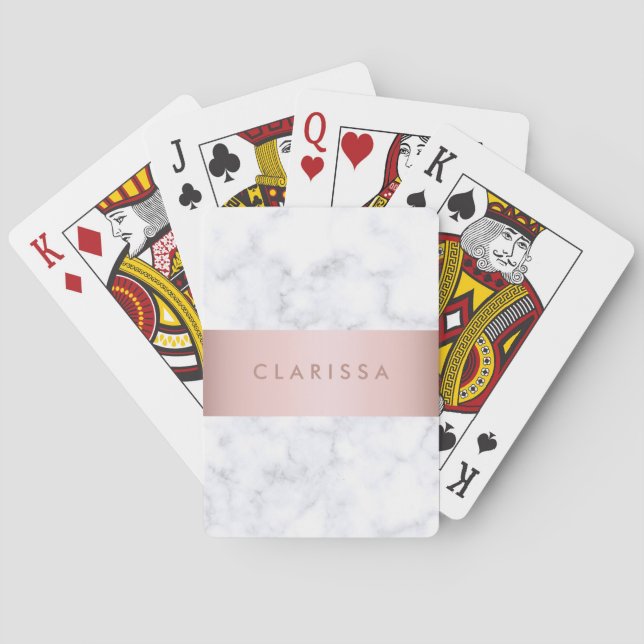 Goldstreifen aus elegantem weißem Marmor, Rose mit Spielkarten (Rückseite)