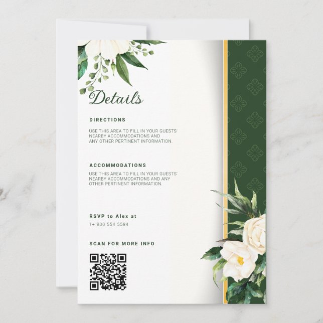 Goldstreifen-Hochzeitsdetails der weißen Blume Einladung (Vorderseite)