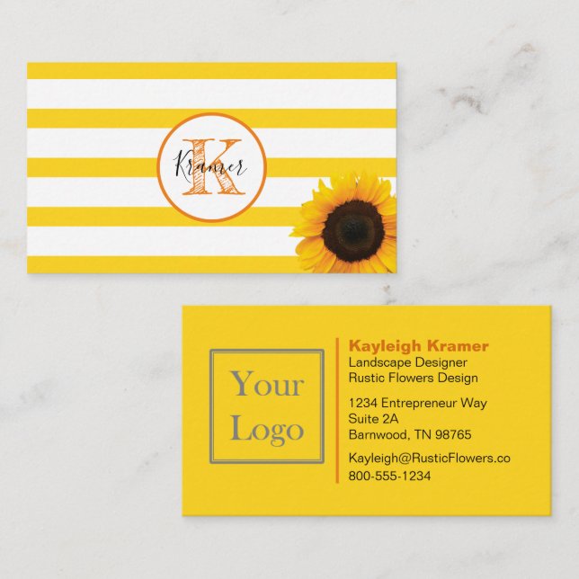 Goldstreifen und Sonnenblumen Mit Monogramm Visitenkarte (Vorne/Hinten)