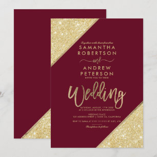 Goldstripe typografie Marsala Rote Hochzeit Glitze Einladung