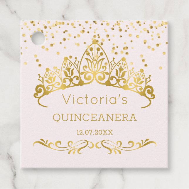 Goldtiara, Polka dot confetti Quinceanera Geschenkanhänger (Vorderseite)
