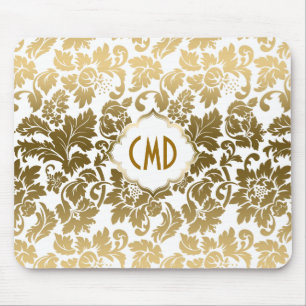Goldtöne florale Damastmuster auf weißem Hintergru Mousepad