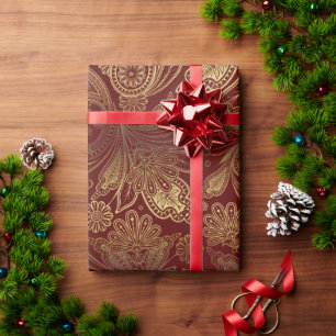Goldtöne Ornamentales Paisleymuster auf Rot Geschenkpapier