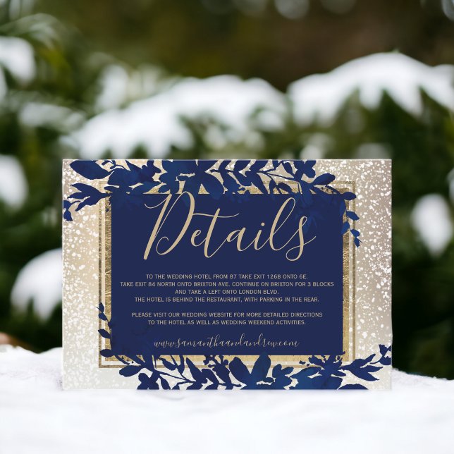 Goldtypografie Blattblauer Schnee Winterdetails Begleitkarte (gold typography leaf blue snow winter details enclosure card)