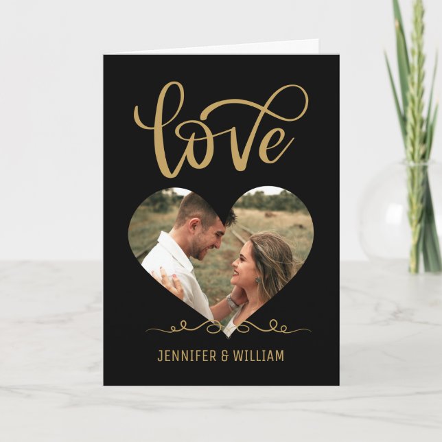 Goldtypografie Herz Form Foto Schwarzes Valentine Karte (Vorderseite)