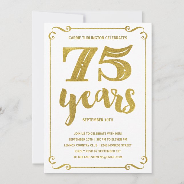 Goldtypografie | Imitats Foil 75. Geburtstagsparty Einladung (Vorderseite)