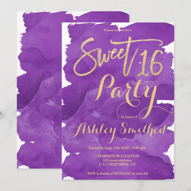 Goldtypografie lila Aquarellpinsel Sweet 16 Einladung (Vorne/Hinten)