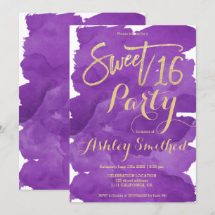 Goldtypografie lila Aquarellpinsel Sweet 16 Einladung
