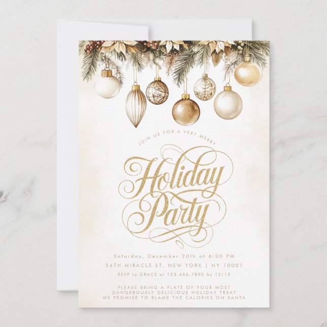 Goldtypografie Ornamente Baubles Weihnachtsfest Pa Einladung (Vorderseite)
