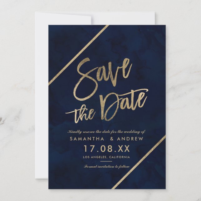 Goldtypografie und blaue Wasserfarbe Save the Date (Vorderseite)