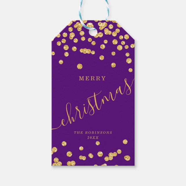 Goldurlaub Weihnachten Glitzer Confetti Lila Geschenkanhänger (Vorderseite)