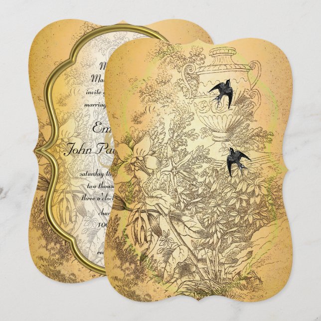 Goldurn Vintage Vögel Hochzeitseinladung Einladung (Vorne/Hinten)